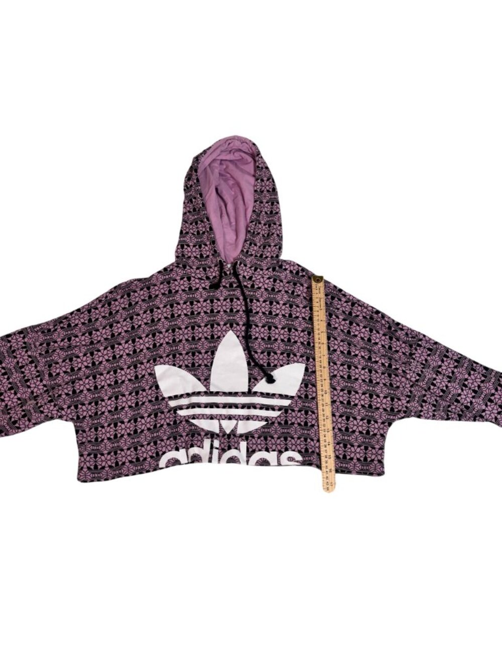 Adidas Purple Black Geometric Pattern Oversized Cropped Hoodie Pullover Small - Picture 12 of 14